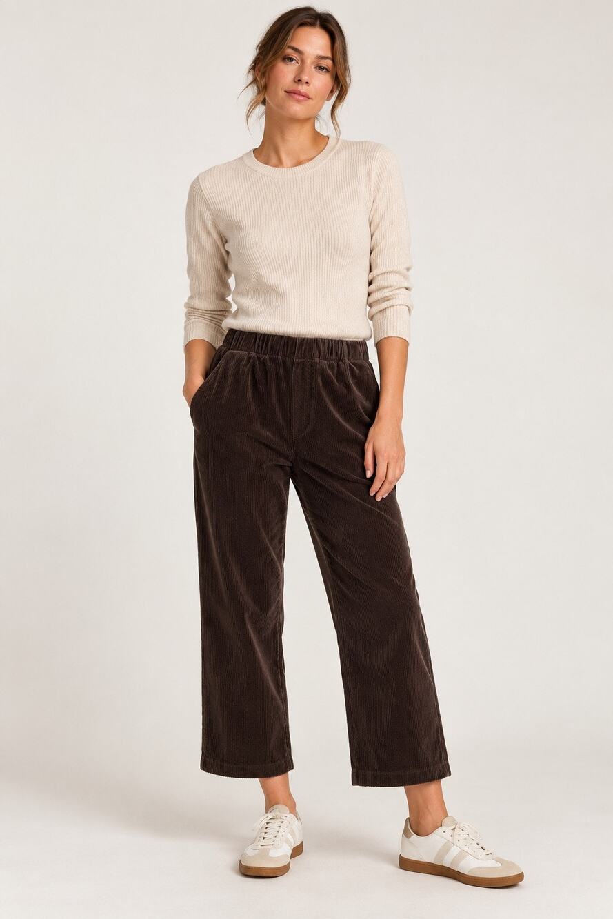 LESET Brown Corduroy Pants M Elastic Waist Cropped Wide Leg Quiet Luxury